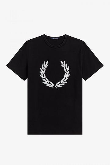 Black Fred Perry Flock Laurel Wreath Men's T Shirts | PH 1658CTVE